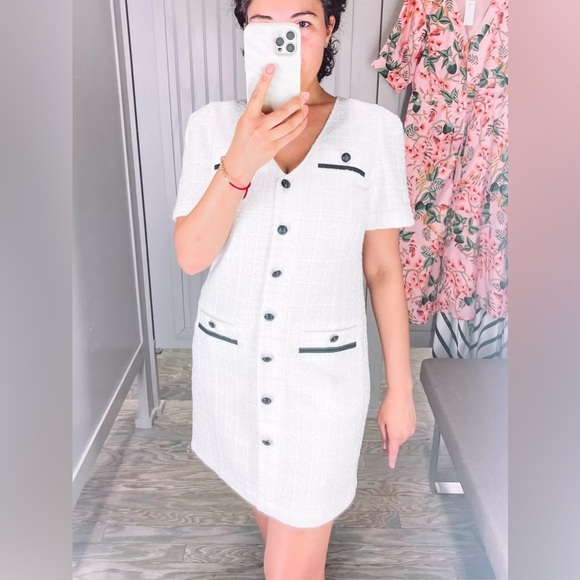 Ann Taylor LOFT White Tweed V-Neck Pocket Sheath Dress Bloggers Favorite Size 00 - Picture 10 of 12